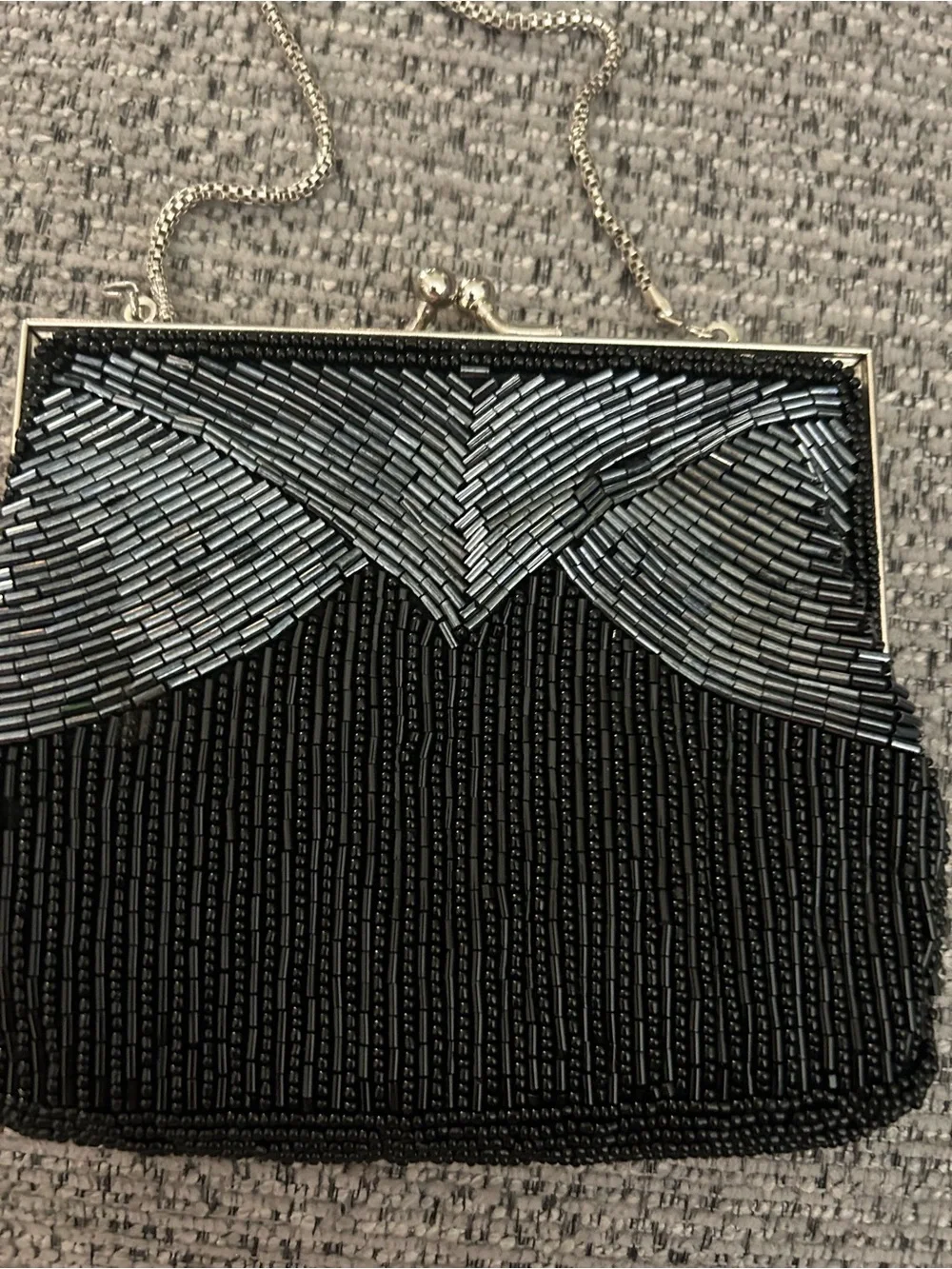 Elegant Black Beaded Evening Clutch with Silver Accents
